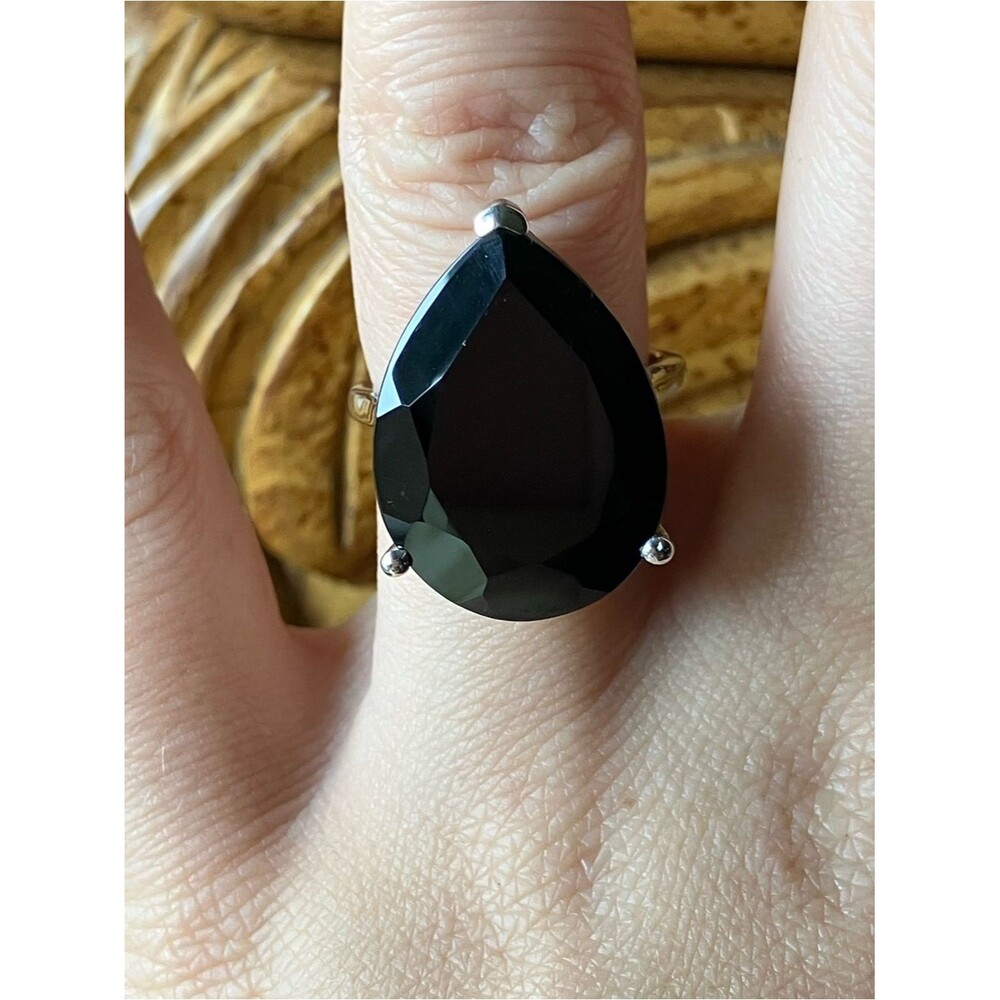 Natural Black Spinel Sterling Silver Cocktail Ring Size 6.5